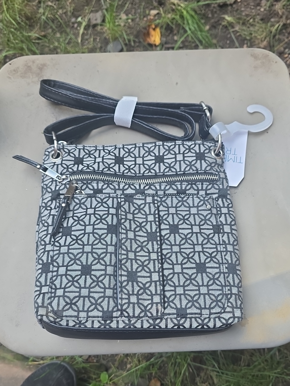 Time and Tru Gray Patterned Crossbody Bag with Black Strap